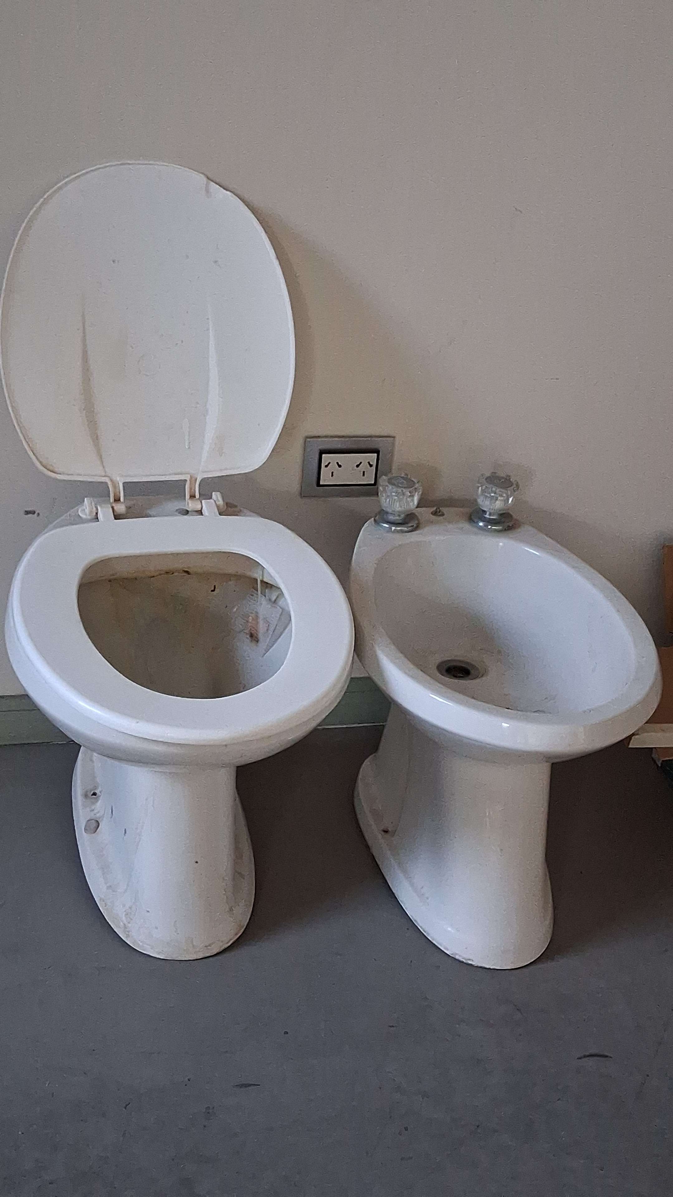 Inodoro, bidet, azulejos de reposición San Lorenzo celestes, accesorios. Sillas y banquetas